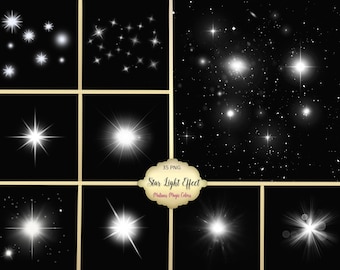 May include: A set of 35 PNG images featuring various star light effects. The images are on a black background and show different sizes and shapes of stars.