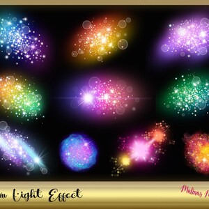 May include: A collection of nine vibrant, colorful light effects against a black background. The effects include various shapes and sizes, with colors ranging from blue and purple to orange and yellow. The text "Dream Light Effect" and "Malinas Magic Colors" are visible.