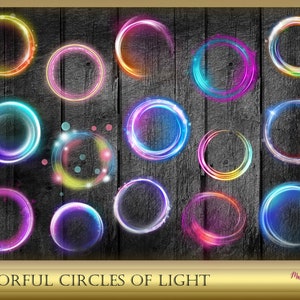 15 Bunte Kreise aus Licht - Lichteffekt - Lichtrahmen - transparentes Kreislicht - Sofortiger Download - Bilderrahmen Digital Clip Art