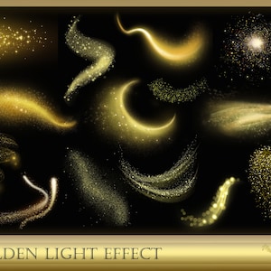 Puede incluir: Una colección de 12 efectos de luz dorada, que incluyen estrellas brillantes, rastros brillantes y polvo brillante. Estos efectos son perfectos para agregar un toque de magia a tus diseños.