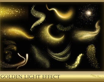 Efeito de luz dourada - pó de luz dourada - partículas de luz dourada - onda de brilho dourado - onda de luz dourada - efeito de luz de pó dourado