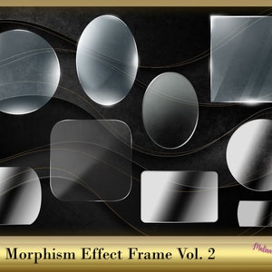Op de afbeelding: Een set van negen glazen frames met een morphing-effect. De frames zijn in verschillende vormen, waaronder cirkels, ovalen, vierkanten en rechthoeken. De frames bevinden zich op een zwarte achtergrond met gouden lijnen.