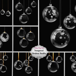 Può includere: 18 palline di Natale trasparenti in bianco e nero con motivi a fiocco di neve e stelle. Le palline sono appese a delle corde su uno sfondo nero. Magic Pixie Colors Transparent Christmas Baubles 18 PNG.