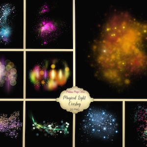 Efecto de luz mágica: partículas de luz mágicas, partículas de luz de colores, superposición de luz mágica, efecto de luz puntual, descarga instantánea
