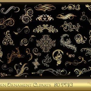 Pode incluir: Um conjunto de 80 imagens de clipart de ornamentos dourados. As imagens apresentam vários desenhos ornamentados, incluindo redemoinhos, rolos e motivos florais. As imagens são perfeitas para adicionar um toque de elegância a qualquer projeto.