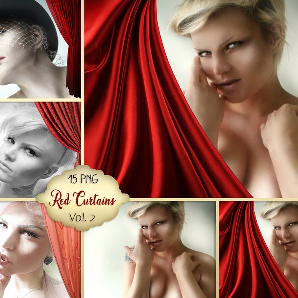 Red Window Curtains Overlays Vol.2  - Photoshop layers - silk curtains  - Red Curtains - Separate PNG Files - Instant Download