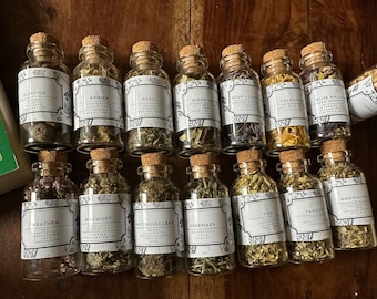 5-100 30 ml jars of dried herbs, roots and salts for a witches spell craft