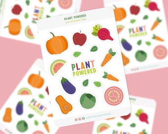 Plant Powered 5 x 7 in Sticker Sheet for Journal | Dot Journal | Fun Sticker | Vegan Sticker | Gift for Him | Gift for Her | Pumpkin, Carrot