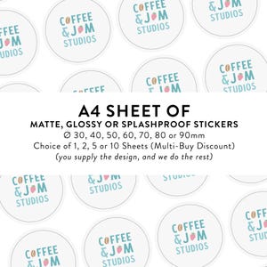 A4 Bogen mit benutzerdefinierten Aufklebern Multi-Buy Option / Größenauswahl Matt glänzend Spritzwasserfest - Geschäftsbedarf / Markendesign / Maßgeschneidert / Personalisiert
