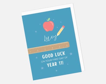 Personalized Good Luck First Day of School Card: Apple, Pencil Design