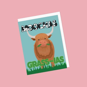 牛と草が描かれた、しゃれた「ありがとう/ムチャス・グラシアス」グリーティングカード - Moochas Grass-ias