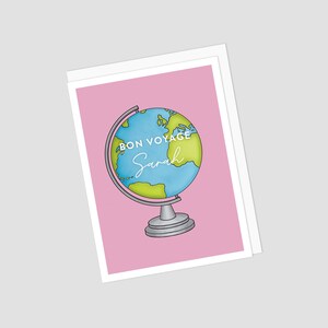 Biglietto di auguri personalizzato Bon Voyage con globo e nome / Globo disegnato a mano / Terra / Ottimo per il congedo sabbatico - Interno vuoto