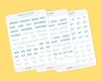 Blue Months, Days and Dates 5 x 7 in Sticker Sheet for Journal | Dot Journal | Fun Sticker | Gift for Her | Starter Pack