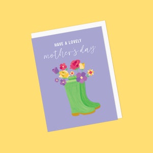 Jolie carte de voeux pour la fête des mères avec des bottes Wellington et des fleurs - faite main à Romford, Essex - passez une belle fête des mères - vierge à l'intérieur
