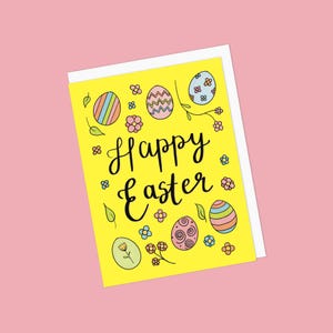 Biglietto di auguri di Pasqua con uova di Pasqua disegnate a mano con motivo e fiori - Buona Pasqua