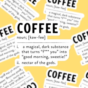 Pegatina troquelada con definición de sustantivo de café y superposición holográfica / Amante del café, cafeína, buenos días, cariño, néctar de los dioses, mágico