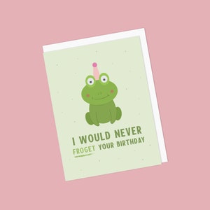 Punny Birthday Greeting Card with Frog - I Would Never Froget / Forget Your Birthday!