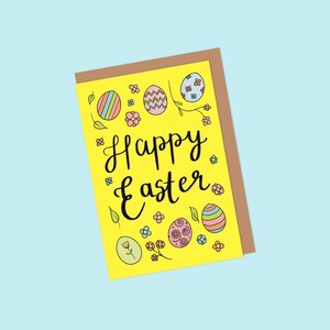 Osterkarte 5er Set mit handgezeichneten Ostereiern mit Muster & Blumen - Frohe Ostern