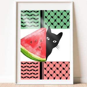 Free Palestine Watermelon Art Print, Cat Wall Hanging, Palestine Gaza Room Poster, Watermelon Room Décor, Palestinian Gift , فلسطين