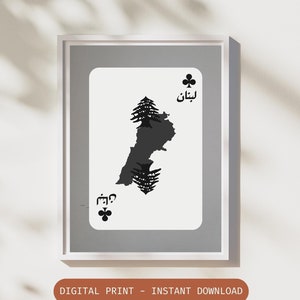 Libanon speelkaart poster, Libanese retro kunst aan de muur, ceder kaart poster, Libanon kaart kunst aan de muur, Joker Card decor, digitale download