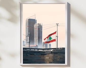 Lebanon Flag Art Print, Beirut Skyline