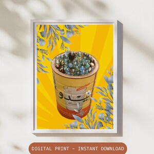 May include: A yellow and white can filled with colourful glass marbles. The can has Arabic text on it and is surrounded by blue and white floral illustrations. The background is a bright yellow with a radial pattern.