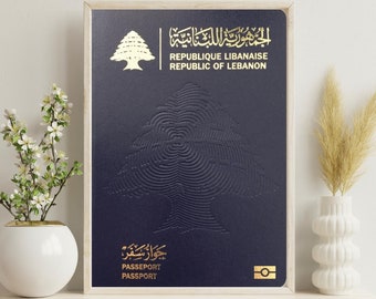 May include: A printable digital download of a Lebanese passport design. The design features a blue background with a gold embossed cedar tree, the text "جمهورية لبنانية" in Arabic, and the text "REPUBLIQUE LIBANAISE REPUBLIC OF LEBANON" in English and French. The text "PASSEPORT PASSPORT" is also included in English and French.