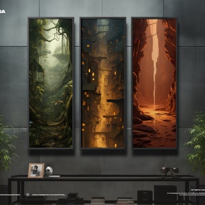 Könnte beinhalten: Drei gerahmte Landschaftsbilder mit verschiedenen Szenen. Das erste Bild zeigt einen üppigen grünen Wald mit einem Pfad, der durch ihn führt. Das zweite Bild zeigt eine Stadt mit hohen Gebäuden und einem gelben Himmel. Das dritte Bild zeigt eine Schlucht mit einem Fluss, der durch sie fließt.