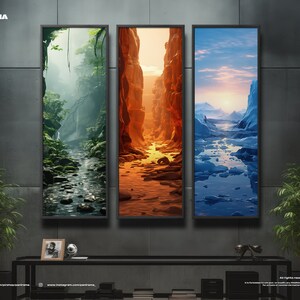 May include: Three framed landscape paintings depicting different environments. The first painting shows a lush green forest with a stream running through it. The second painting shows a canyon with orange and red rock formations. The third painting shows a frozen lake with snow-capped mountains in the background.