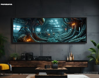 Extra large panorama of Aliens in Nostromo spaceship. Digital PRINT, FRAMED or CANVAS. Panoramic wall art print gift for him, movie print.