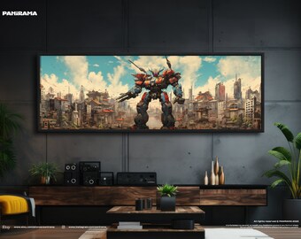 Extra large panorama of mecha anime robot. Digital PRINT, FRAMED or CANVAS. Panoramic wall art print gift for him, anime print