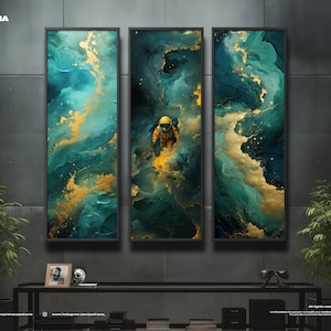 Set of 3 abstract space astronaut prints. Print set wall art. Extra large panorama. Digital PRINT, FRAMED or CANVAS.Panoramic wall art print