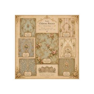 May include: A vintage-style print featuring various Rococo wallpaper designs. The print showcases samples in shades of blue, pink, and cream, adorned with floral patterns and ornate details. The text "Château Rococo" is displayed at the top.