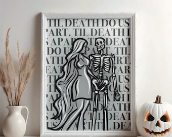 Skelett Print, druckbares Halloween Poster, Herbst Dekor, Skelett Kunst, Skelett Paar, Gothic romantisch zu zweit, Liebende, digitaler Download
