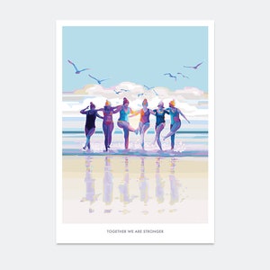 May include: A group of six women in colorful swimsuits and swim caps are walking in the shallow water of a beach. The women are holding hands and smiling. The sky is blue and there are seagulls flying overhead. The text "Together we are stronger" is at the bottom of the image.