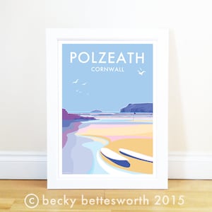 Polzeath, Cornwall, por Becky Bettesworth. Impresión artística vintage de viaje junto al mar, playa y costa. Decoración del hogar. Regalo de inauguración.