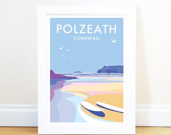 Polzeath Cornwall by Becky Bettesworth, Seaside, Beach, Coastal Vintage Travel Print Art Poster | Home Decor | Housewarming Present