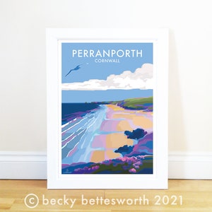 Perranporth, Cornovaglia di Becky Bettesworth, Mare, Spiaggia, Stampa artistica vintage di viaggio costiero / Regalo per la casa / Arte murale / Inaugurazione della casa
