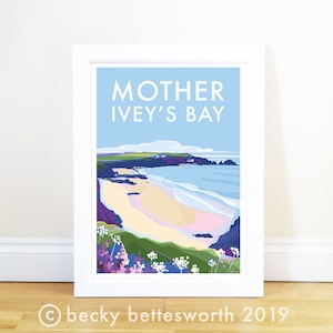 Mother Ivey's Bay, Cornovaglia - Stampa di viaggio retrò di Becky Bettesworth, Poster artistico di viaggio costiero, spiaggia e mare / Regalo per lei / Regalo di viaggio