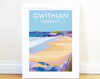 Gwithian (Godrevy) Cornwall | Art Print by Becky Bettesworth | Seaside, Beach, Coastal Travel Print | Travel Gift | Vintage Travel Poster