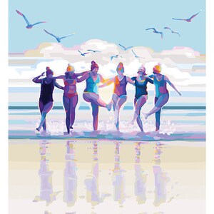 May include: A group of six women in colorful swimsuits walk along a beach, holding hands and smiling. The women are in the water, and the sky is blue with white clouds. The text "TOGETHER WE ARE STRONGER" is at the bottom of the image.