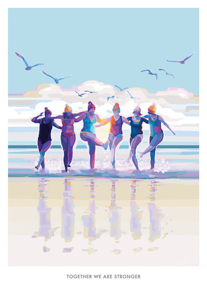 May include: A group of six women in colorful swimsuits walk along a beach, holding hands and smiling. The women are in the water, and the sky is blue with white clouds. The text "TOGETHER WE ARE STRONGER" is at the bottom of the image.