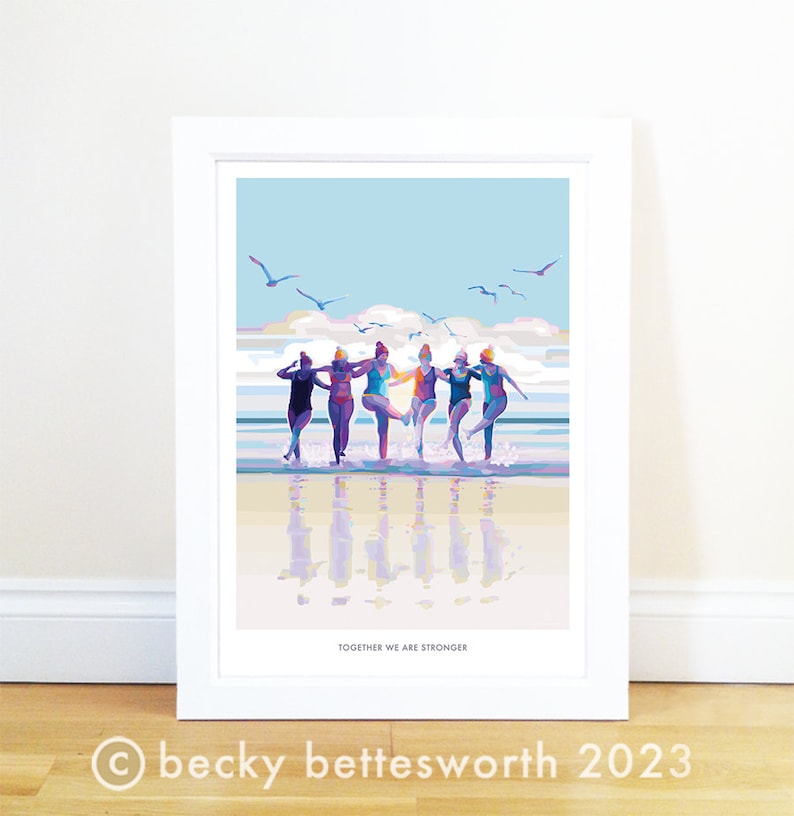 May include: A colorful illustration of six women in swimsuits walking on a beach with the text "Together we are stronger". The women are facing forward and are walking in a line. The beach is sandy and the water is blue. The sky is blue with white clouds. There are seagulls flying in the sky.