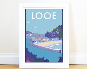 Looe Cornwall - impression A4 par Becky Bettesworth, bord de mer, plage, voyage côtier, impression d'art poster (sans cadre)