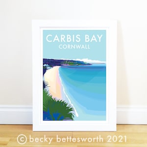 May include: A colorful illustration of Carbis Bay, Cornwall, with a white sandy beach and turquoise water. The text "Carbis Bay Cornwall" is at the top of the image.