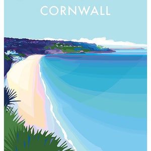 May include: A colorful illustration of a beach scene with a white sandy beach, blue water, and green hills in the background. The text "CARBIS BAY CORNWALL" is at the top of the image.
