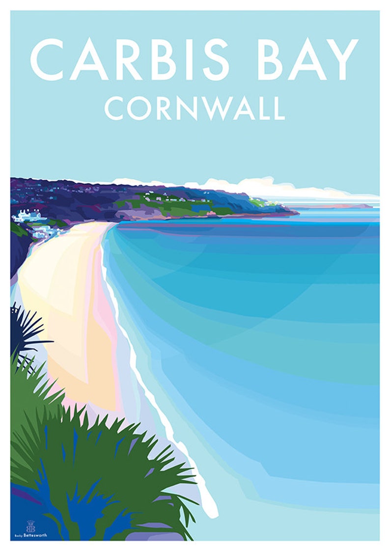 May include: A colorful illustration of a beach scene with a white sandy beach, blue water, and green hills in the background. The text "CARBIS BAY CORNWALL" is at the top of the image.