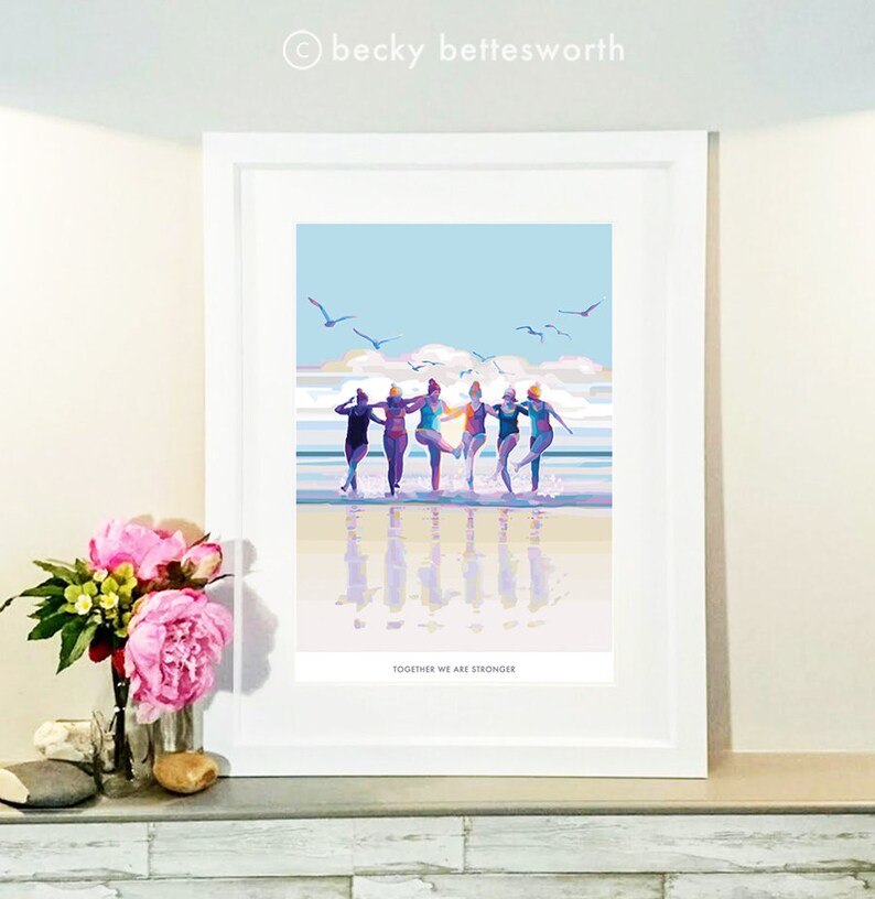 May include: A colorful illustration of six women in swimsuits walking on a beach with the text "Together we are stronger". The women are holding hands and smiling. The background is a blue sky with white clouds and seagulls.