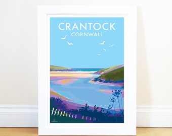 Crantock Cornwall by Becky Bettesworth, Seaside, Beach, Vintage Coastal Travel Print Art Poster | Housewarming Gift | Home Decor