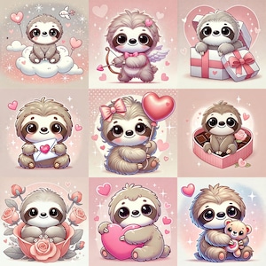 Clipart bébé paresseux de la Saint-Valentin | Paresseux mignon avec des coeurs et des ballons | Téléchargement numérique | Décoration de chambre d'enfant | Animal mignon